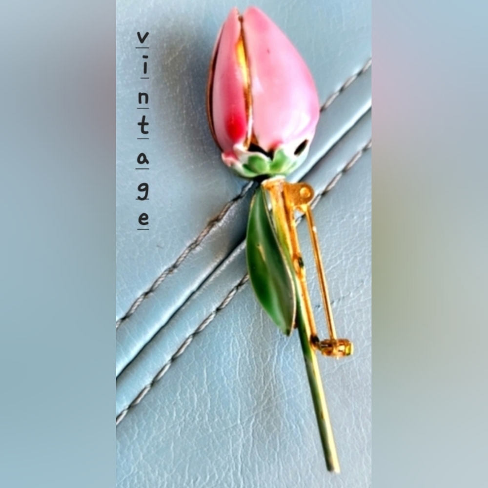 40s SANDOR CO Rose Pink Tulip Bud Olive Green Leaves Enamel Gold RARE Pin Brooch